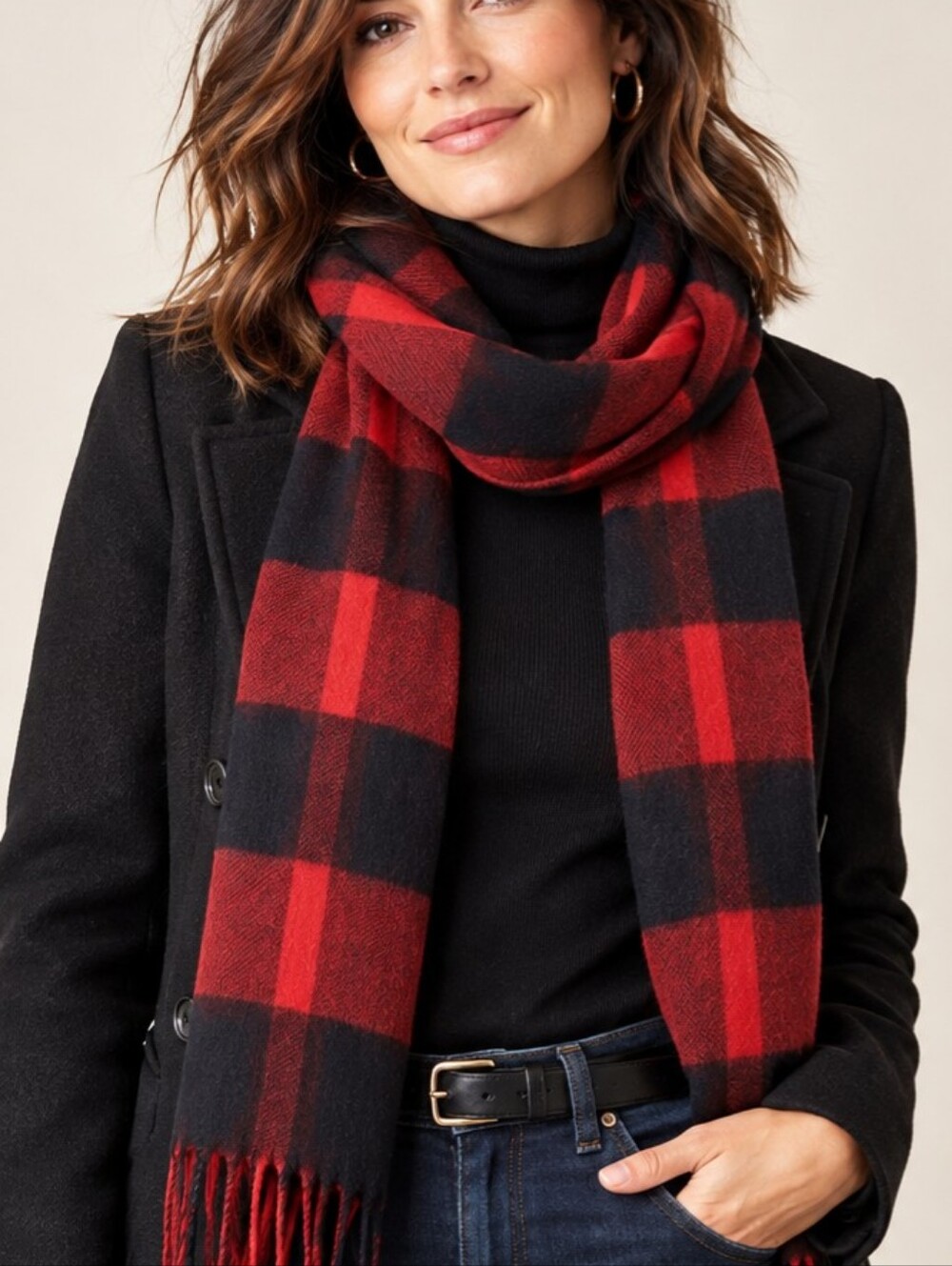 Vintage Christian Dior Lambswool Checked Scarf Red Black Plaid Great Britain